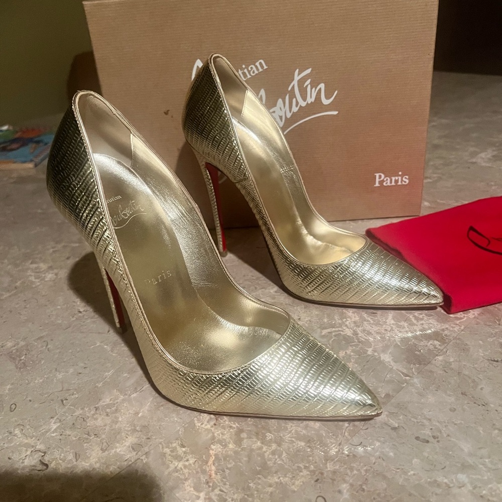 NIB Christian Louboutin So Kate 120 Platine Champagne Gold Calf Metallic Pumps - Picture 2 of 12